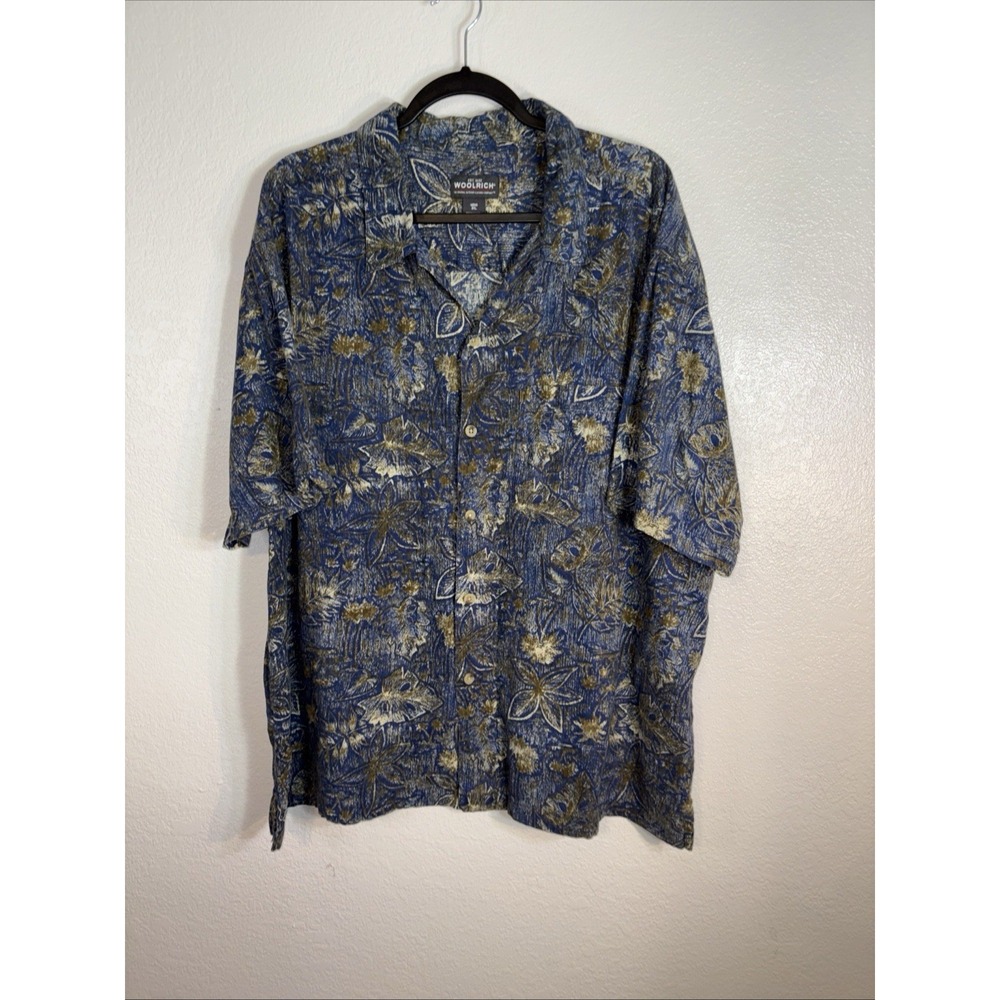Men's Vintage Woolrich Navy Woodblock Leaf Floral Print Button Up Shirt Size 2XL